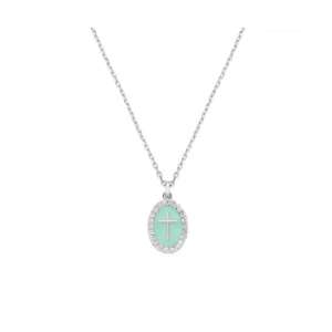 Collar con cruz de latón con esmalte verde mar y circonitas blancas – acabado en rodio