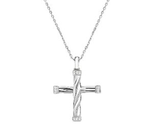 Collar con cruz de latón con circonitas blancas – acabado en rodio