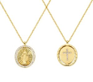 Collar de la Virgen Milagrosa de latón con circonitas blancas – chapado en oro de 18 quilates – Longitud 40 + 5 cm · colgante 1,8 x 1,4 cm - medallala giratoria