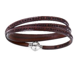 Pulsera Padre Nuestro de cuero y acero inoxidable – acabado marrón – PNEN05