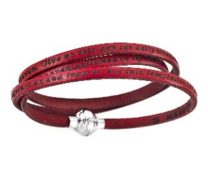 Pulsera Padre Nuestro de cuero y acero inoxidable – acabado rojo