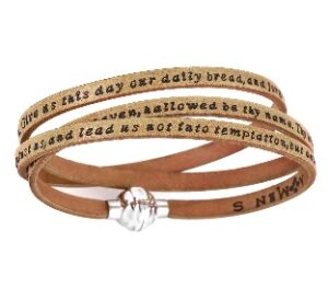 Pulsera Padre Nuestro de cuero y acero inoxidable – acabado marrón camel