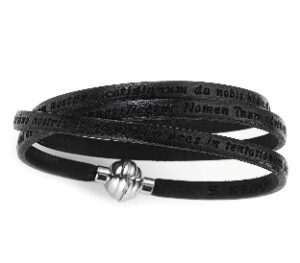 Pulsera Padre Nuestro de cuero y acero inoxidable – acabado negro – PNLA02