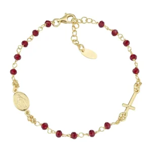 Pulsera rosario con cristales de plata de ley con cristales rojos – acabado dorado