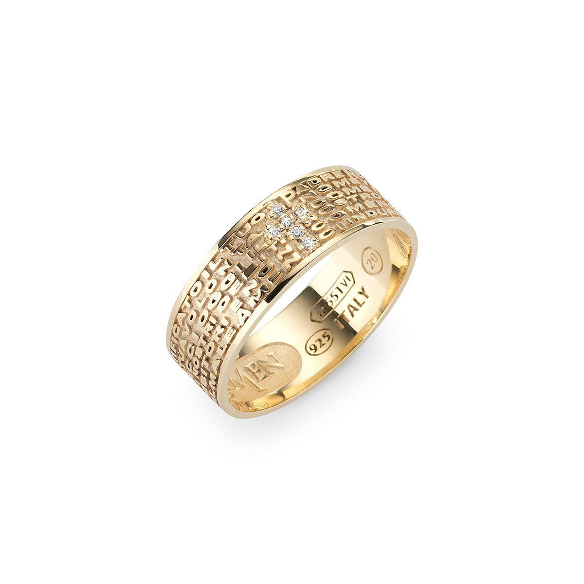 Anillo Padre Nuestro de plata de ley con circonitas blancas – acabado dorado