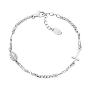 Pulsera con cruz de plata de ley con cuentas diamantadas – acabado en rodio