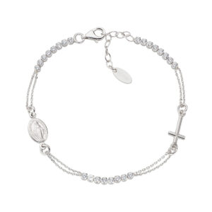 Pulsera con cruz de plata de ley con circonitas blancas – acabado en rodio – Longitud 16 + 3 cm · circonita Ø 2 mm