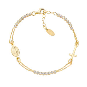 Pulsera con cruz de plata de ley con circonitas blancas – acabado dorado – Longitud 16 + 3 cm · circonita Ø 2 mm