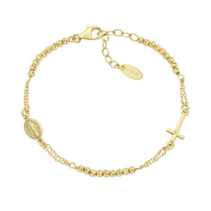 Pulsera con cruz de plata de ley con cuentas diamantadas – acabado dorado