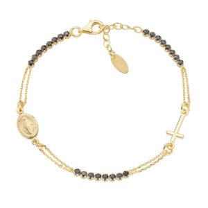 Pulsera con cruz de plata de ley con circonitas negras – acabado dorado