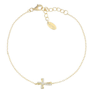 Pulsera con cruz de plata de ley con circonitas blancas – acabado dorado – Longitud 16 + 3 cm · colgante 9 x 7 mm