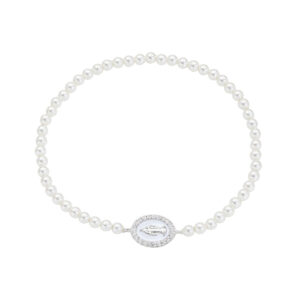 Pulsera de la Virgen Milagrosa de plata de ley con perlas, esmalte blanco perla y circonitas blancas – acabado en rodio
