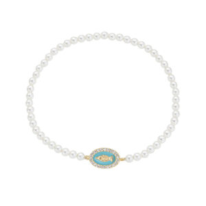 Pulsera de la Virgen Milagrosa de plata de ley con perlas, esmalte verde espuma de mar y circonitas blancas – acabado dorado