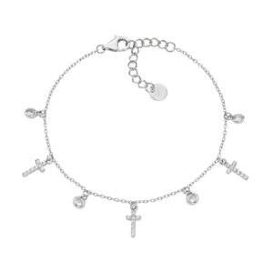 Pulsera con cruz de plata de ley con circonitas blancas – acabado en rodio – Longitud 16 + 3 cm · circonita Ø 3 mm · cruz 8 x 4 mm