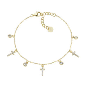 Pulsera con cruz de plata de ley con circonitas blancas – acabado dorado – Longitud 16 + 3 cm · circonita Ø 3 mm · cruz 8 x 4 mm
