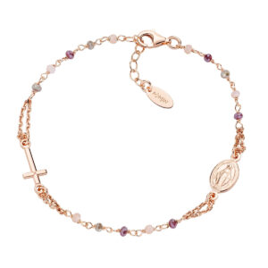Pulsera rosario con cristales de plata de ley con cristales gris paloma y rosa amaranto – acabado rosado