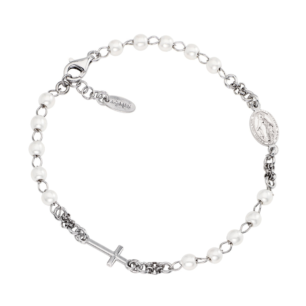 Pulsera rosario con perlas de plata de ley con perlas de cristal blancas – acabado en rodio – Longitud 18 + 2 cm · perlas Ø 4 mm