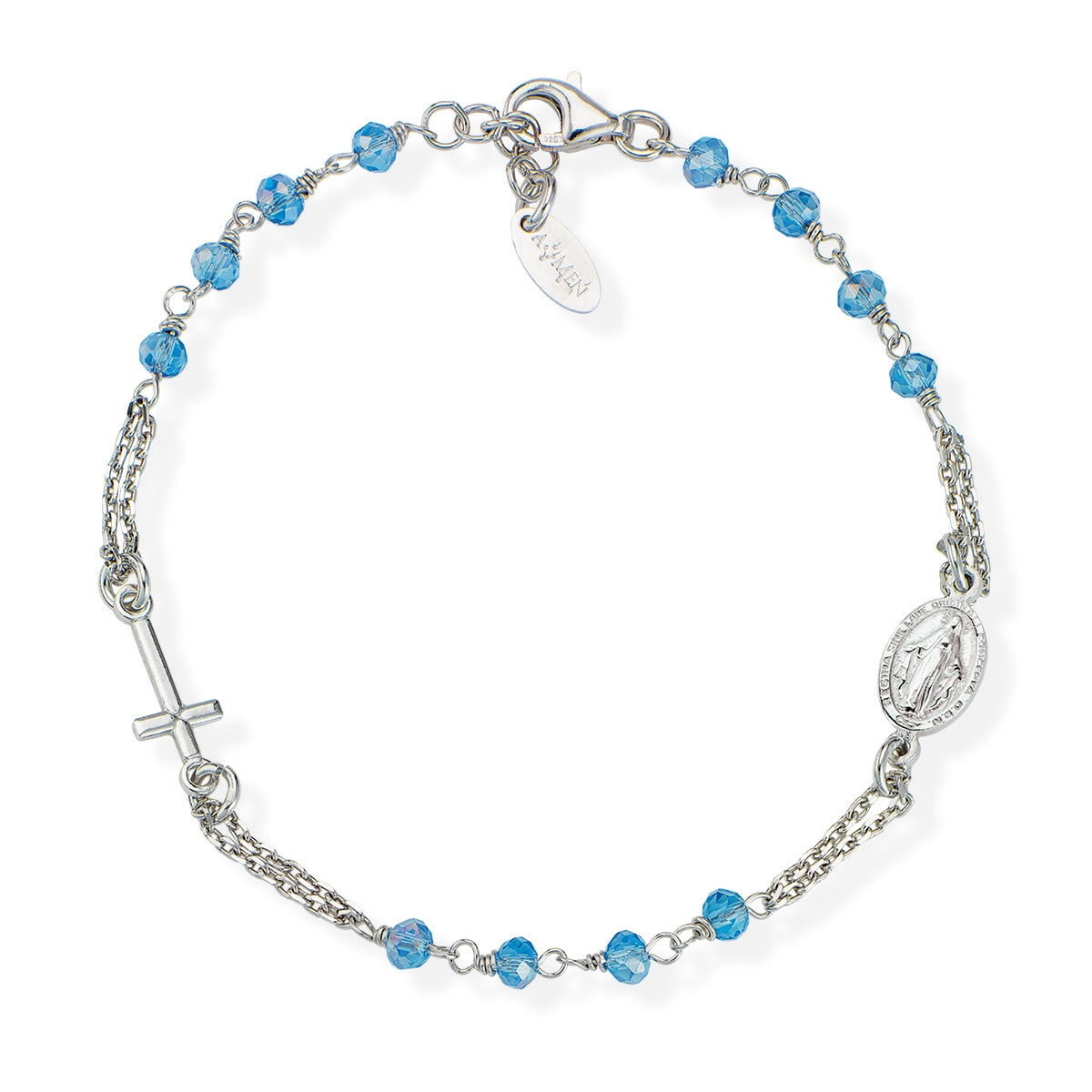 Pulsera rosario con cristales de plata de ley con cristales azul cielo – acabado en rodio