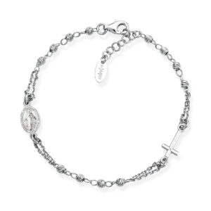 Pulsera rosario clásica de plata de ley – acabado en rodio – Longitud 18 + 2 cm · Ø 3 mm multidiamantadas cuentas