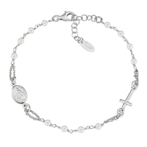 Pulsera rosario con perlas de plata de ley con perlas de cristal blancas – acabado en rodio – Longitud 18 + 2 cm · perlas Ø 3 mm