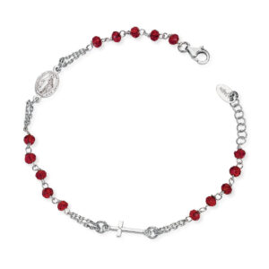 Pulsera rosario con cristales de plata de ley con cristales rojos – acabado en rodio