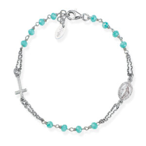 Pulsera rosario con cristales de plata de ley con cristales azul agua – acabado en rodio