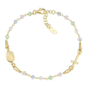 Pulsera rosario con cristales de plata de ley con cristales multicolor y perlas de cristal – acabado dorado