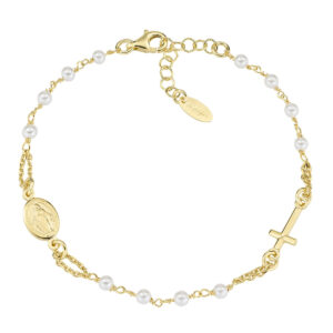 Pulsera rosario con perlas de plata de ley con perlas de cristal blancas – acabado dorado