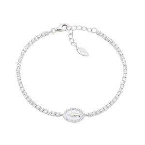 Pulsera de la Virgen Milagrosa de plata de ley con esmalte blanco perla y circonitas blancas – acabado en rodio