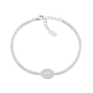 Pulsera de la Virgen Milagrosa de plata de ley con esmalte rosa perla y circonitas blancas – acabado en rodio