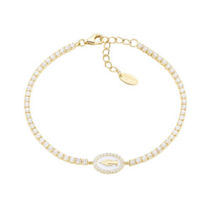 Pulsera de la Virgen Milagrosa de plata de ley con esmalte blanco perla y circonitas blancas – acabado dorado