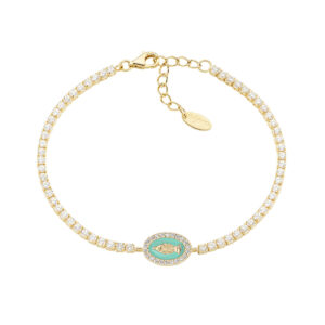 Pulsera de la Virgen Milagrosa de plata de ley con esmalte verde espuma de mar y circonitas blancas – acabado dorado