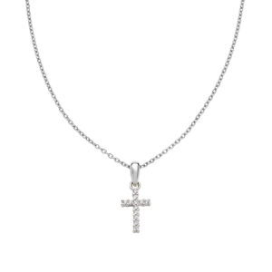 Collar con cruz de plata de ley con circonitas blancas – acabado en rodio – Longitud 40 + 5 cm · colgante 12 x 7 mm