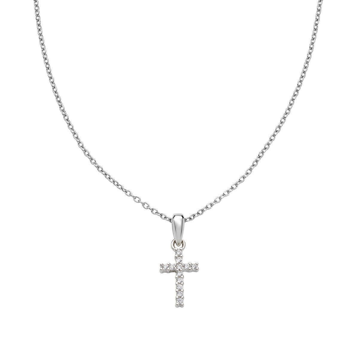 Collar con cruz de plata de ley con circonitas blancas – acabado en rodio – Longitud 40 + 5 cm · colgante 12 x 7 mm