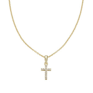 Collar con cruz de plata de ley con circonitas blancas – acabado dorado – Longitud 40 + 5 cm · colgante 12 x 7 mm