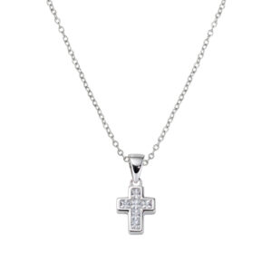 Collar con cruz de plata de ley con circonitas blancas – acabado en rodio – Longitud 40 + 5 cm · colgante 9 mm