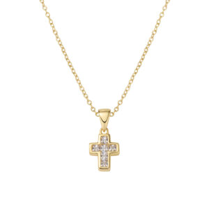 Collar con cruz de plata de ley con circonitas blancas – acabado dorado – Longitud 40 + 5 cm · colgante 9 mm