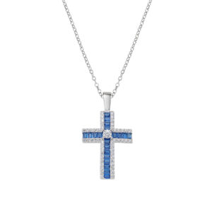 Collar con cruz de plata de ley con circonitas azules y blancas – acabado en rodio