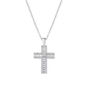 Collar con cruz de plata de ley con circonitas blancas – acabado en rodio – Longitud 40 + 5 cm · circonita Ø 2 mm · altura del colgante 2 cm