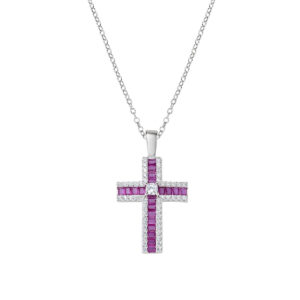 Collar con cruz de plata de ley con circonitas rojas y blancas – acabado en rodio – Longitud 40 + 5 cm · circonita Ø 2 mm · altura del colgante 2 cm