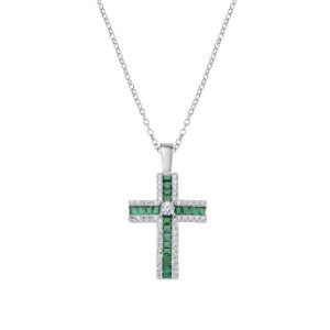 Collar con cruz de plata de ley con circonitas verdes y blancas – acabado en rodio – Longitud 40 + 5 cm · circonita Ø 2 mm · altura del colgante 2 cm