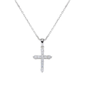 Collar con cruz de plata de ley con circonitas blancas – acabado en rodio – Longitud 38 + 5 cm · colgante 1,9 cm