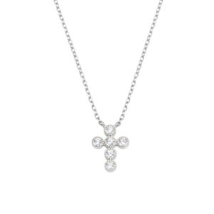 Collar con cruz de plata de ley con circonitas blancas – acabado en rodio – Longitud 50 cm · circonita Ø 2,5 mm · colgante 1,3 x 1 cm