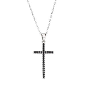 Collar con cruz de plata de ley con circonitas negras y blancas – acabado en rodio – Longitud 40 + 5 cm · colgante de doble cara con circonitas blancas en un lado y negras en el otro - colgante 1,4 x 2,5 cm