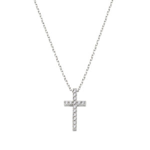 Collar con cruz de plata de ley con circonitas blancas – acabado en rodio – Longitud 40 + 5 cm · colgante 2 x 1 cm