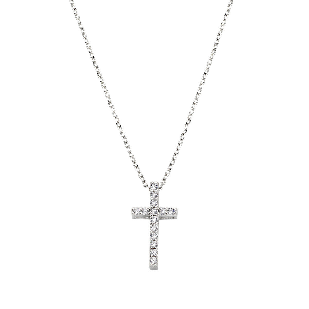 Collar con cruz de plata de ley con circonitas blancas – acabado en rodio – Longitud 40 + 5 cm · colgante 2 x 1 cm