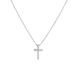 Collar con cruz de plata de ley con circonitas blancas – acabado en rodio – Longitud 40 + 5 cm · colgante 15 x 8 mm