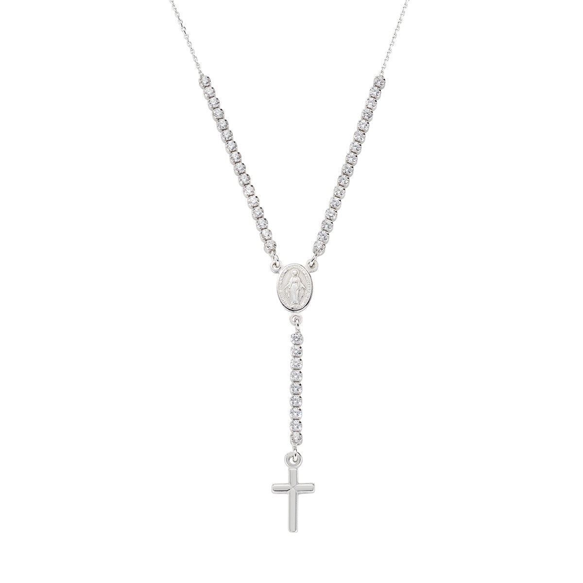 Collar con cruz de plata de ley con circonitas blancas – acabado en rodio – Longitud 40 + 5 cm · circonita Ø 2 mm