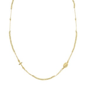 Collar con cruz de plata de ley con cuentas diamantadas – acabado dorado – Longitud 40 + 5 cm · multidiamantadas cuentas Ø 2,5 mm – CLCRMIGGD3