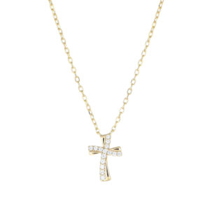 Collar con cruz de plata de ley con circonitas blancas – acabado dorado – Longitud 40 + 5 cm · altura del colgante 1,1cm